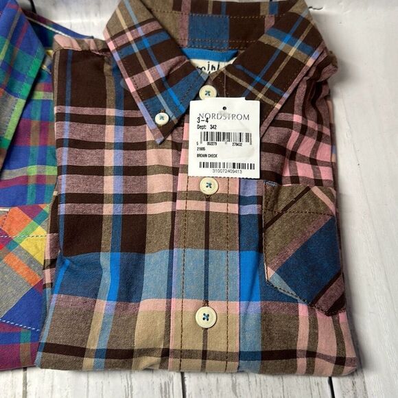Mini Boden Striped Plaid Button Down Boys Short Sleeve size 3-4Y Brown Blue set - Picture 2 of 7